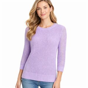 Loft Lavender Cotton Sweater Womens Large 3/4 Sleeve Open Knit Crewneck Pullover